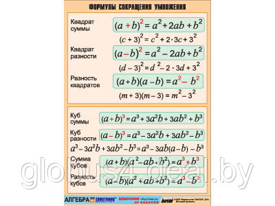 Таблица демонстрационная "Формулы сокращения умножения" (винил 100х140) - фото 1 - id-p22307136