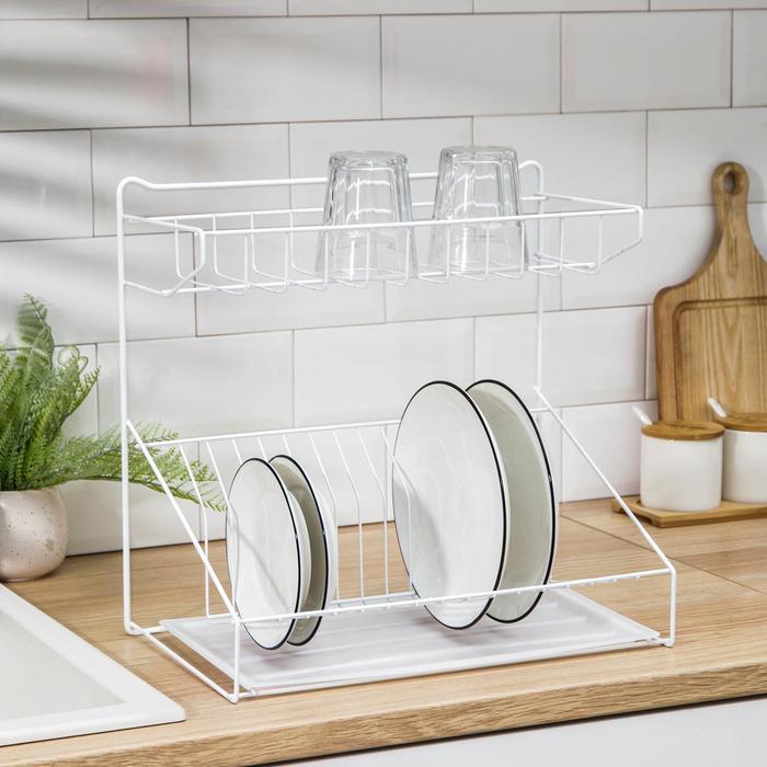 Сушилка для посуды с поддоном, 38×24×37 см, цвет белый - фото 1 - id-p177008056