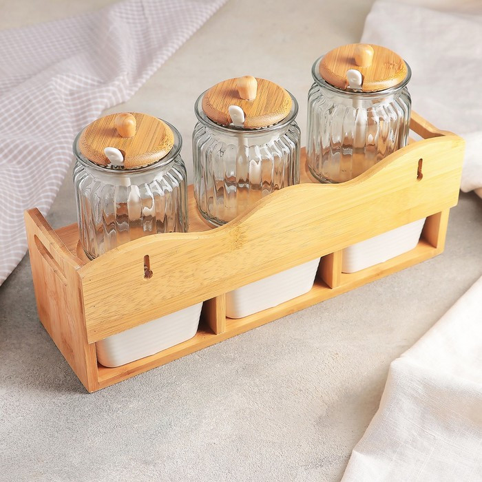 Набор банок керамических для сыпучих продуктов с ложками на деревянной подставке «Эстет», 6 предметов: 3 банки - фото 2 - id-p177016764