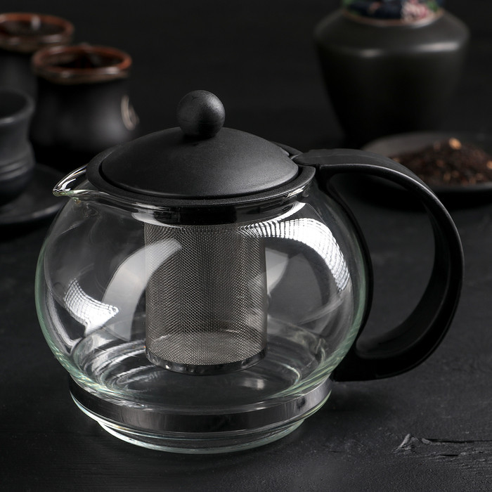 Чайник стеклянный заварочный «Вдохновение», 1,25 л, с металлическим ситом, цвет чёрный - фото 1 - id-p177027097