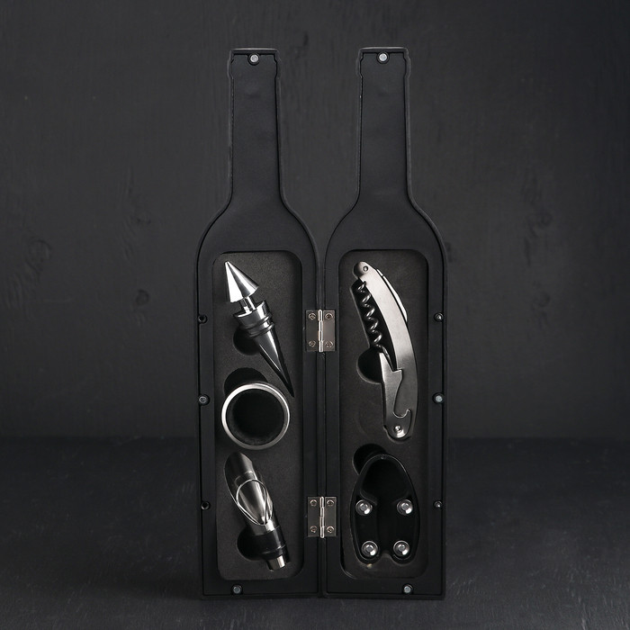 Набор для вина Доляна «Бутылка», 5 предметов: пробка, кольцо, каплеуловитель, штопор, нож для срезания фольги - фото 1 - id-p177007291
