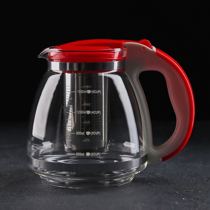 Чайник стеклянный заварочный, 1,5 л, с металлическим ситом, цвет МИКС - фото 1 - id-p177027127