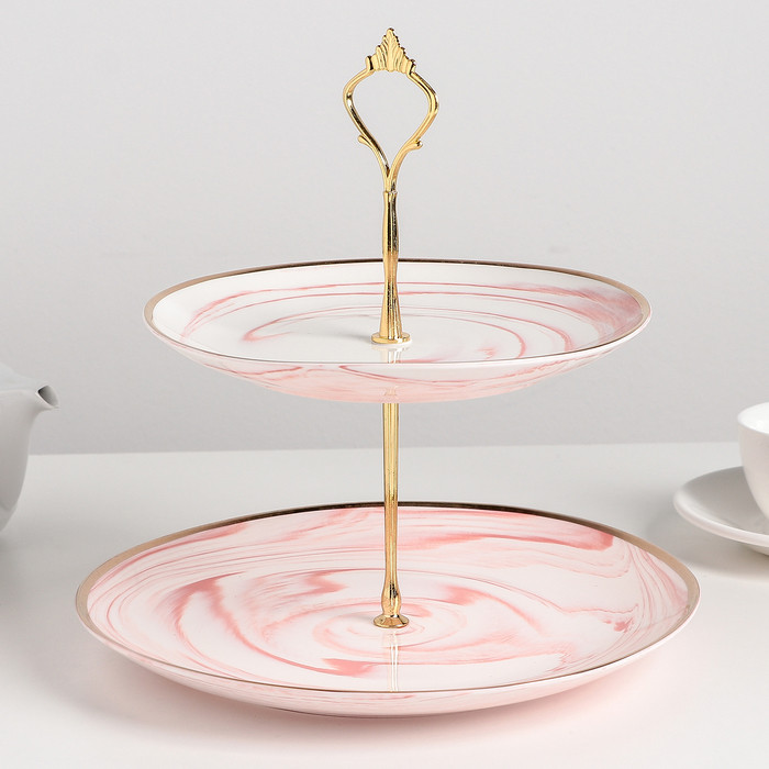 Блюдо керамическое 2-х ярусное «Мрамор», d=20,5/25 см, цвет розовый - фото 1 - id-p177022724