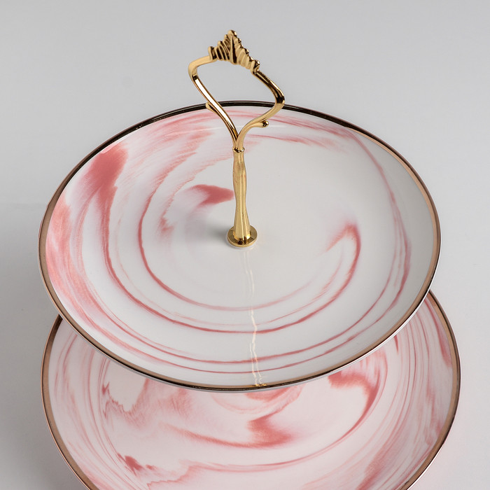 Блюдо керамическое 2-х ярусное «Мрамор», d=20,5/25 см, цвет розовый - фото 2 - id-p177022724