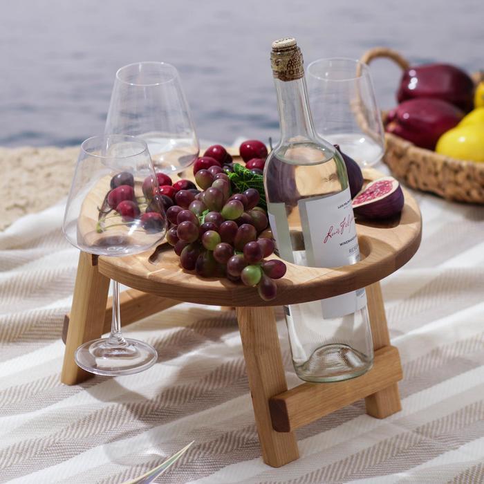 Столик - поднос для вина с менажницей и складными ножками Adelica, на 3 персоны, d=32×2,8 см, берёза - фото 1 - id-p177015077