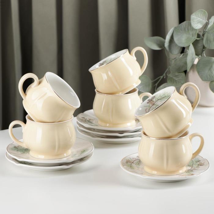 Сервиз керамический чайный «Шишечки», 12 предметов: чашка 200 мл, блюдце d=14,5 см, цвет жёлтый - фото 1 - id-p177021695