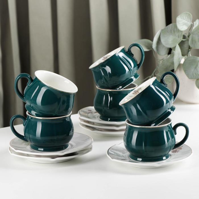 Сервиз керамический чайный «Шишечки», 12 предметов: чашка 200 мл, блюдце d=14,5 см, цвет зелёный - фото 1 - id-p177021707