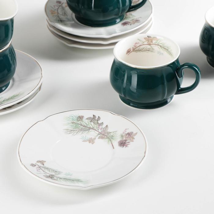 Сервиз керамический чайный «Шишечки», 12 предметов: чашка 200 мл, блюдце d=14,5 см, цвет зелёный - фото 2 - id-p177021707