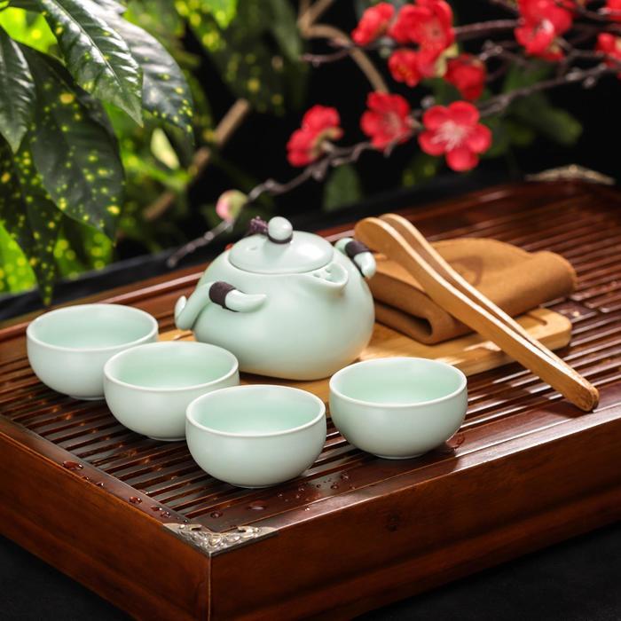 Набор для чайной церемонии керамический «Тясицу», 8 предметов: чайник 120 мл, 4 пиалы 50 мл, салфетка, щипцы, - фото 1 - id-p177021789