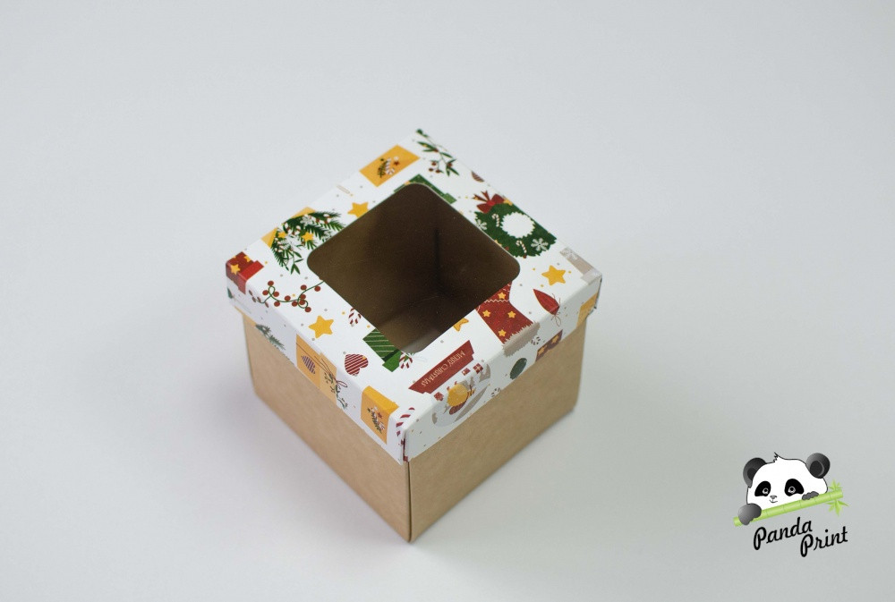 Коробка с прозрачным окном 100х100х95 Новогодние подарки (крафт дно)