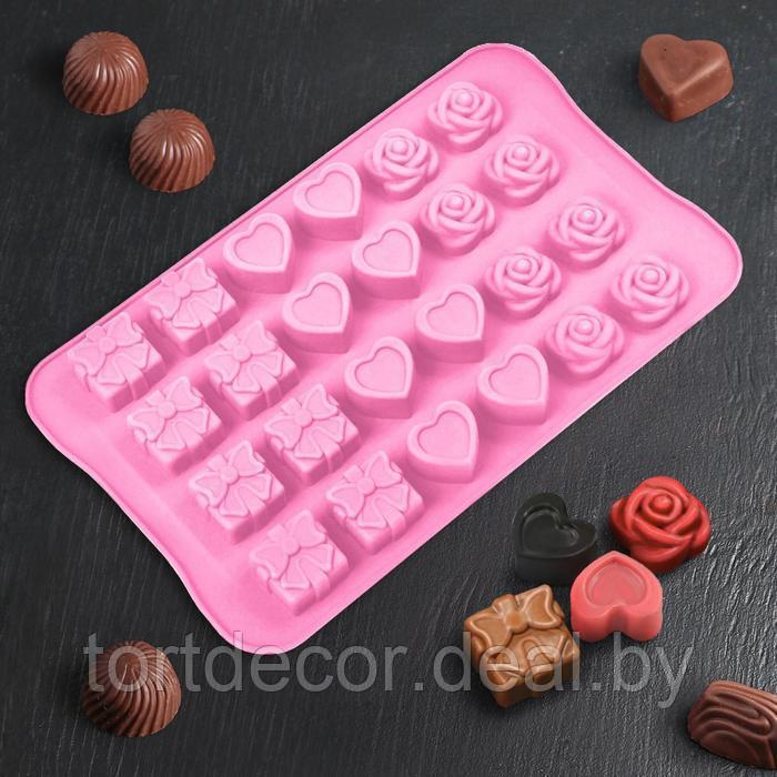 Форма для льда и шоколада "Подарок, сердце, роза", 24 ячейки (2,6×2,6×2 см), цвет МИКС - фото 1 - id-p177591063