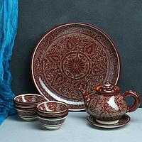 Набор чайный Риштанская Керамика, 9 предметов, коричневый: чайник 0.8 л, пиалы 0.3 л