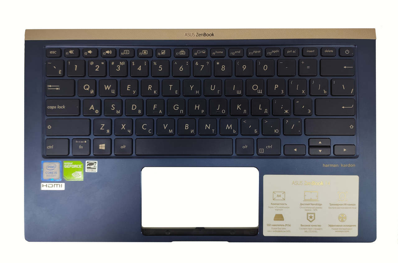 Верхняя часть корпуса (Palmrest) Asus ZenBook UX433 с клавиатурой, с подсветкой, синий