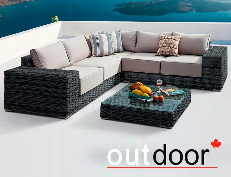 Комплект мебели из ротанга OUTDOOR Санторини (угловой диван, стол), широкое плетение, графит - фото 1 - id-p177829574