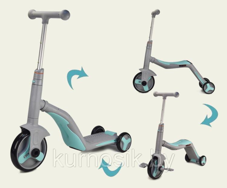 Трёхколёсный самокат-беговел-велосипед 3 в 1 серо-голубой - фото 1 - id-p177844281