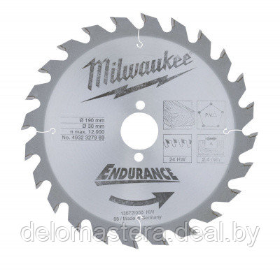 Диск пильный (по дереву) MILWAUKEE D 190х30х2,4 мм 24Z (1 шт.) 4932327969 - фото 1 - id-p177882566