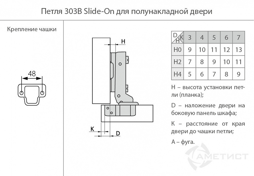 Петля 303B Slide-On с монтажной планкой H2 - фото 2 - id-p177920734