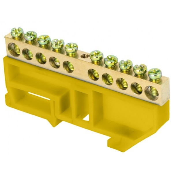 Шина "0" N (6х9мм) 10 отверстий желтый изолятор на DIN-рейку - фото 1 - id-p177977043