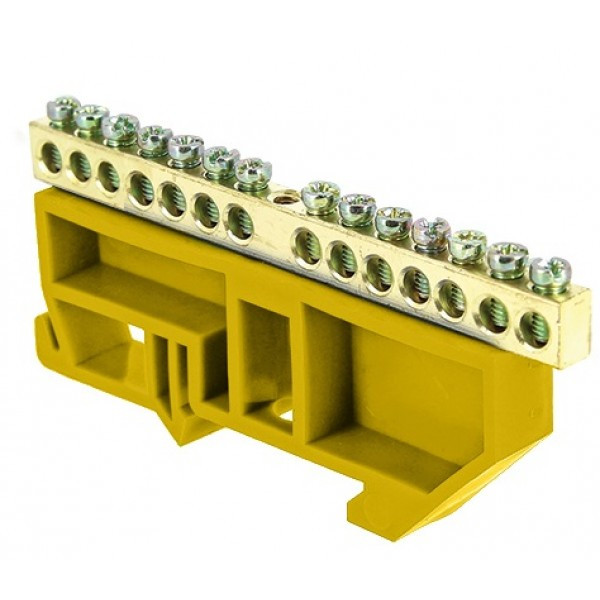 Шина "0" N (6х9мм) 14 отверстий желтый изолятор на DIN-рейку - фото 1 - id-p177977045