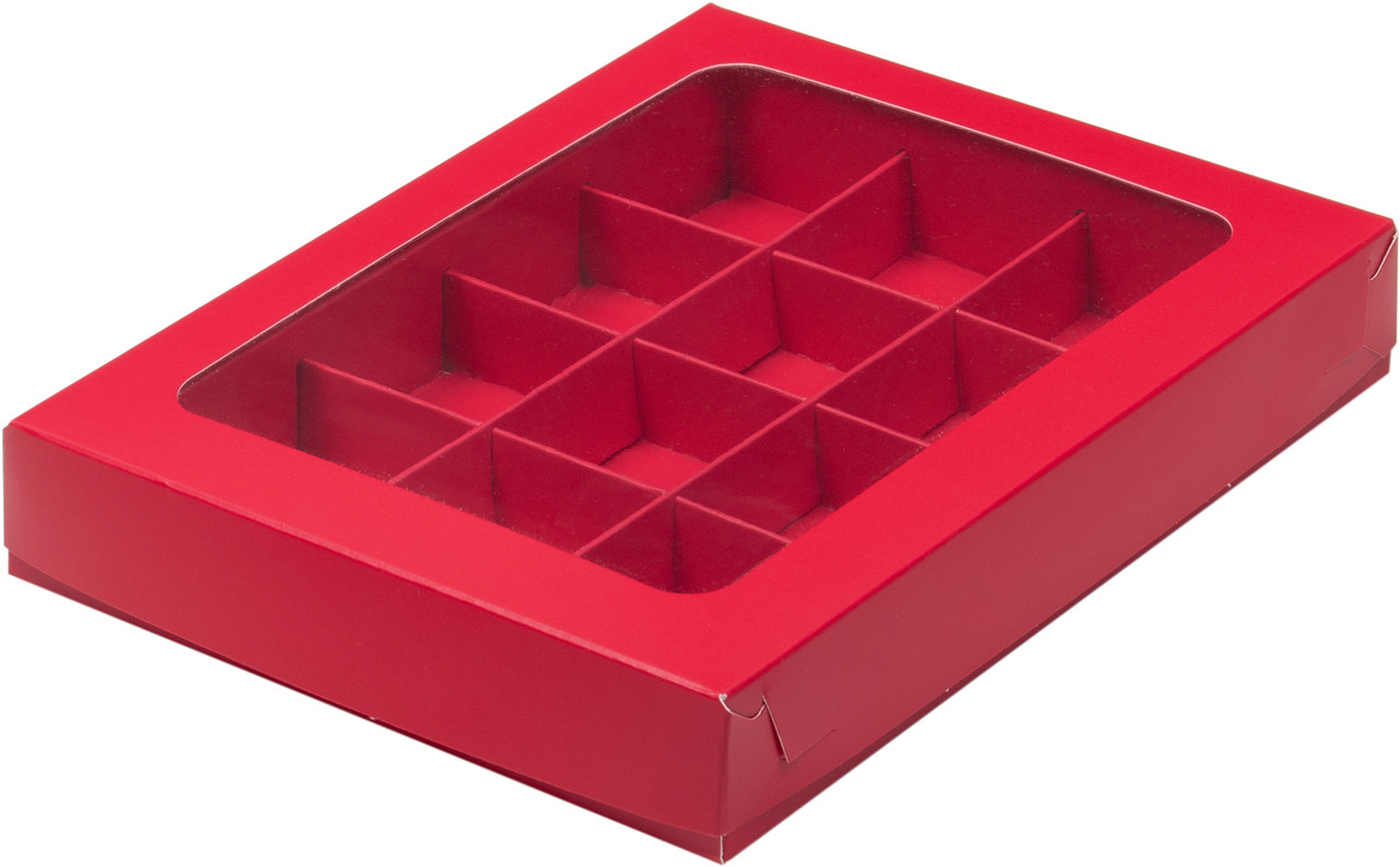 Коробка для 12 конфет с вклеенным окошком Красная матовая, 190х150х h30 мм - фото 1 - id-p136492054