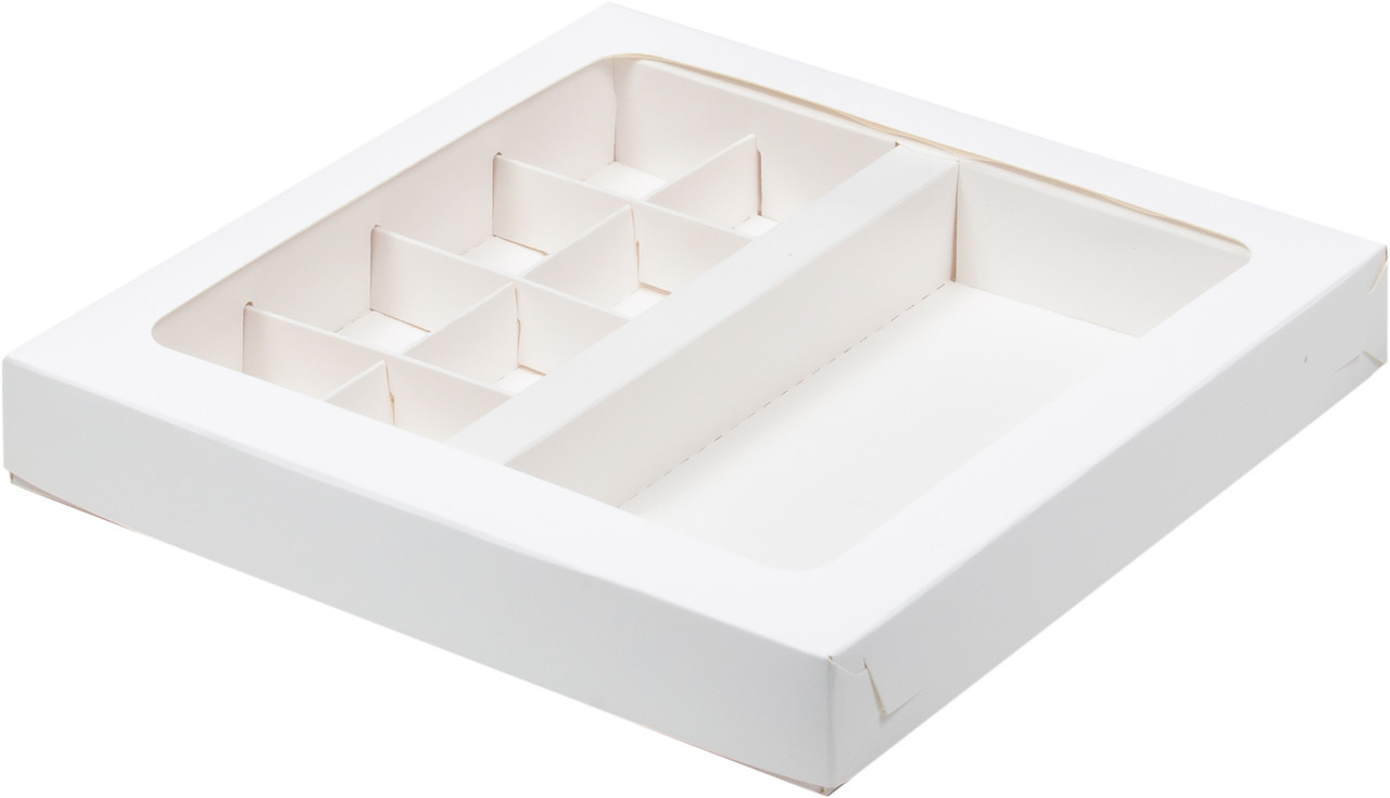 Коробка для 8 конфет и шоколадной плитки с окном Белая, 200х200х h30 мм - фото 1 - id-p173117865
