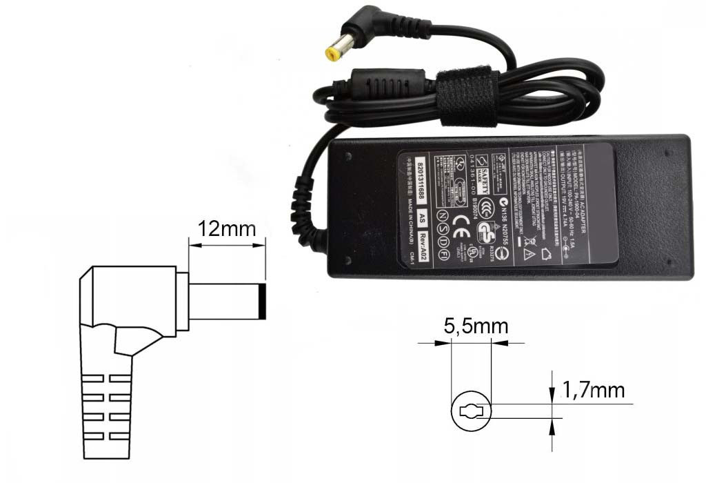 Зарядка (блок питания) для ноутбуков Acer Aspire 5510, 5520, 19V 4.74A 90W, штекер 5.5x1.7 мм - фото 1 - id-p178144516