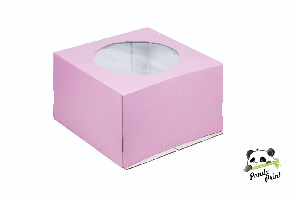 Коробка с круглым прозрачным окном для торта 300х300х190 розовая