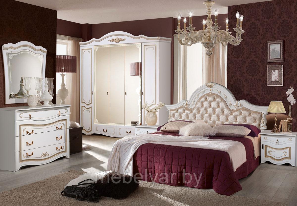 Спальня ФорестДекоГрупп «Рим 5.1П» (белый/орех) с тканевым мягким элементом на головной спинке кровати