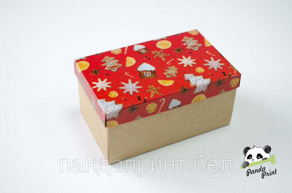 Коробка 120х200х100 Пряничный домик на красном фоне (крафт дно)