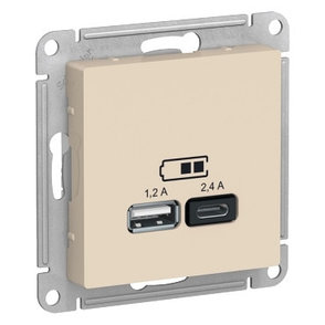 ATN000239 Atlasdesign USB розетка A+С, 5В/2,4А, 2х5В/1,2А, механизм, бежевый, фото 2