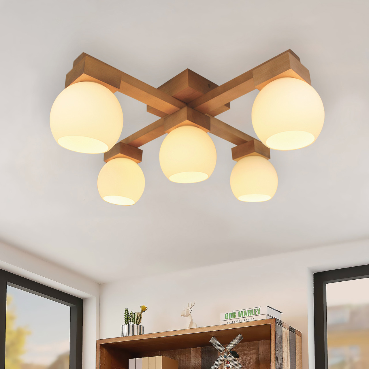 Современная потолочная люстра из дерева с плафонами на 5 ламп, фото 1