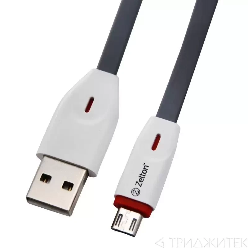 USB кабель Zetton USB SyncCharge Flat Slim TPE Data Cable USB to MicroUSB плоский пластиковые разьемы, серый