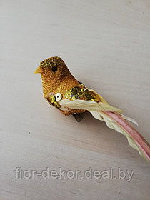 Птичка декоративная на прищепке, золото, 12 см.