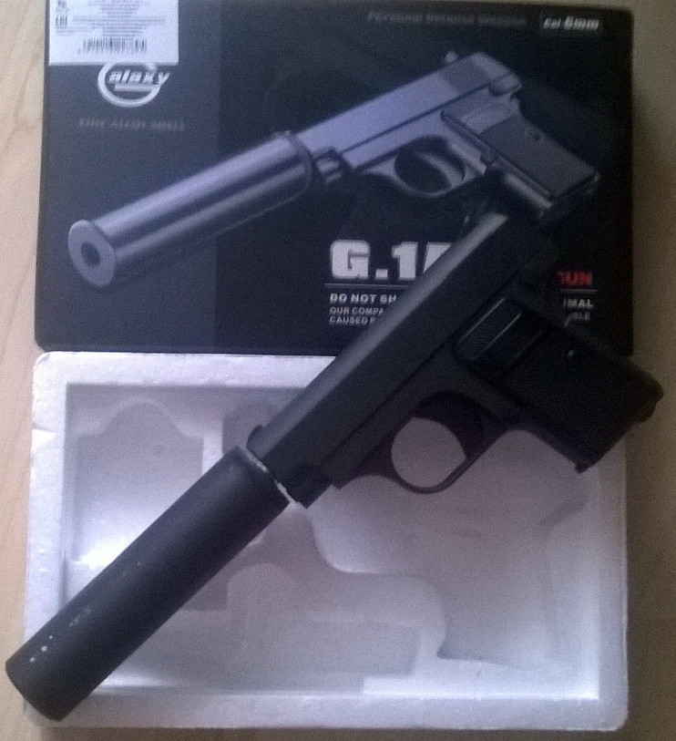 Пистолет игрушечный металлический пневматический с глушителем Airsoft Gun G.1A,Минск - фото 3 - id-p22411977