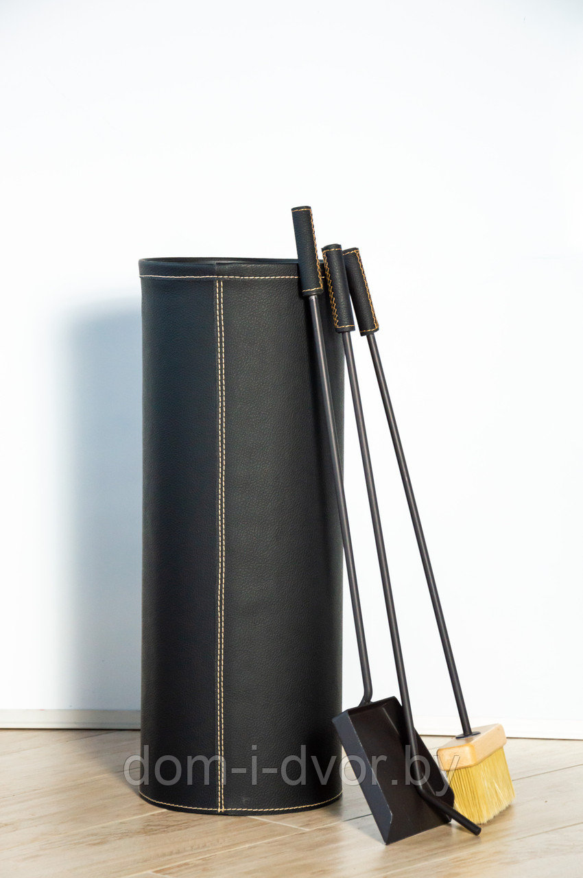 Ведро с аксессуарами для камина BERN (щётка, совок, кочерга), металлическое ведро+чехол экокожа, черный