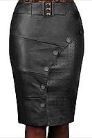 Женская осенняя кожаная черная большого размера юбка Klever 264/1 48р.