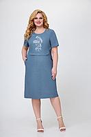 Женское летнее льняное синее большого размера платье Slaviaelit 494 деним 50р.