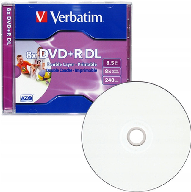 Диск Double Layer DVD+R 8.5Gb 8x Verbatim, printable, Jewel case
