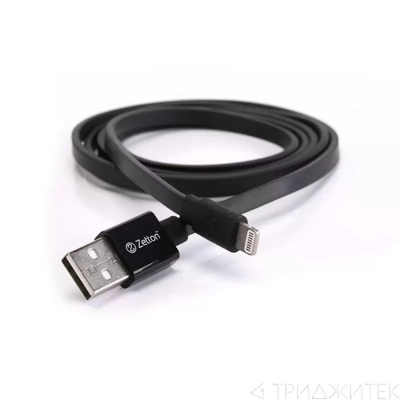 USB кабель передачи данных Zetton MFi плоский разъем для Apple 8-pin, черный (ZTUSBMFI2A8)