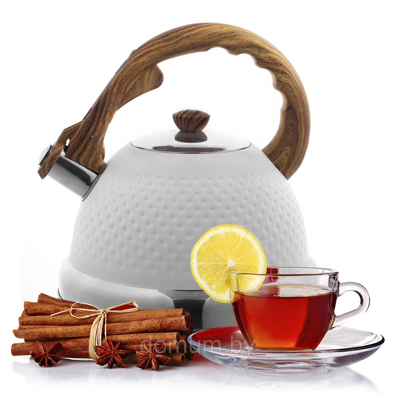 Чайник белый 2,7 л. из нержавеющей стали со свистком Ofenbach NB 100305 и ручкой "soft touch" под дерево - фото 7 - id-p178773920