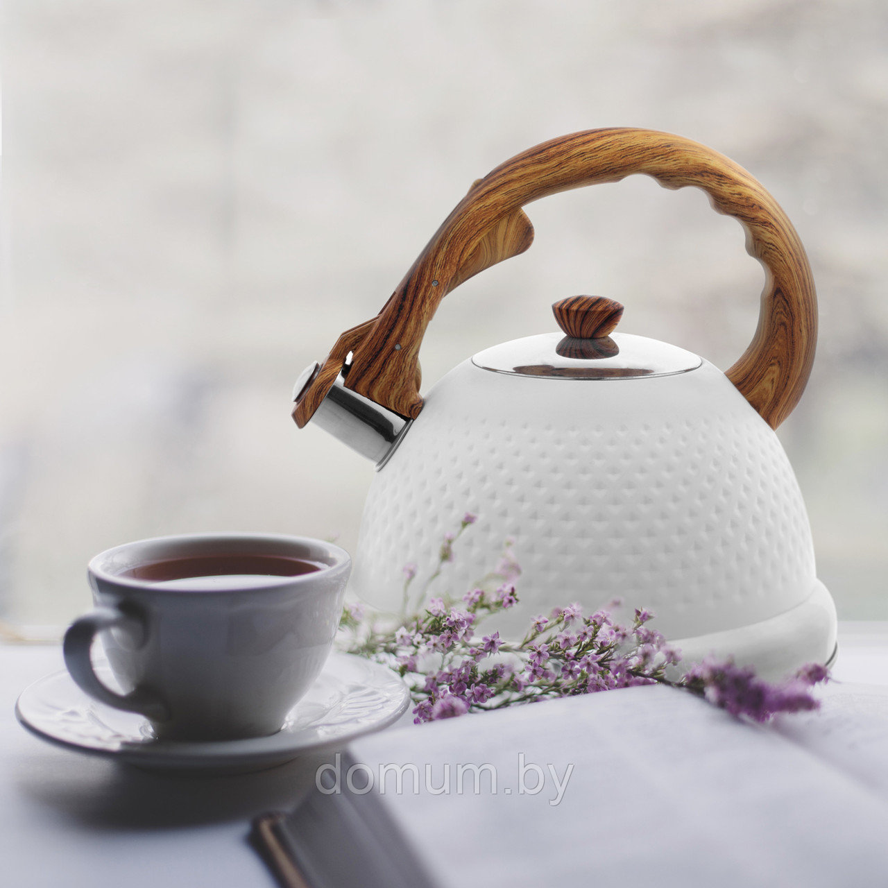 Чайник белый 2,7 л. из нержавеющей стали со свистком Ofenbach NB 100305 и ручкой "soft touch" под дерево - фото 10 - id-p178773920