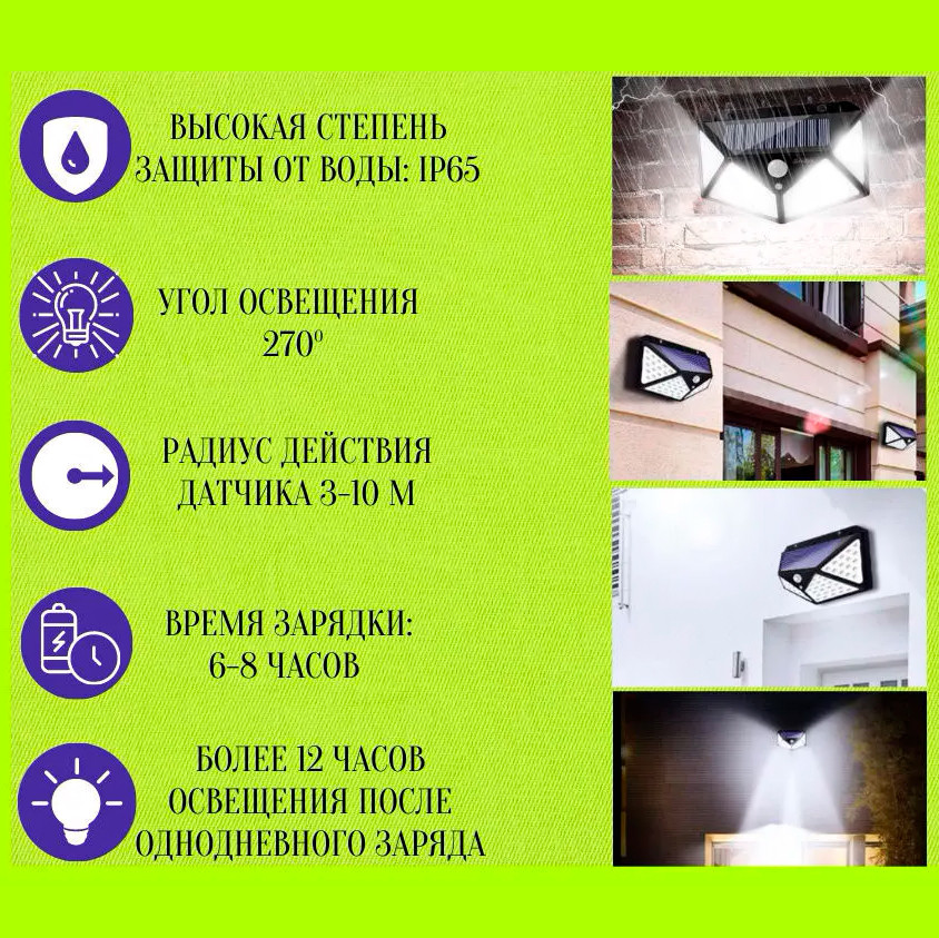 Уличный светильник с датчиком движения на солнечной батарее Solar Interaction Wall Lamp 100 LED - фото 5 - id-p178939142