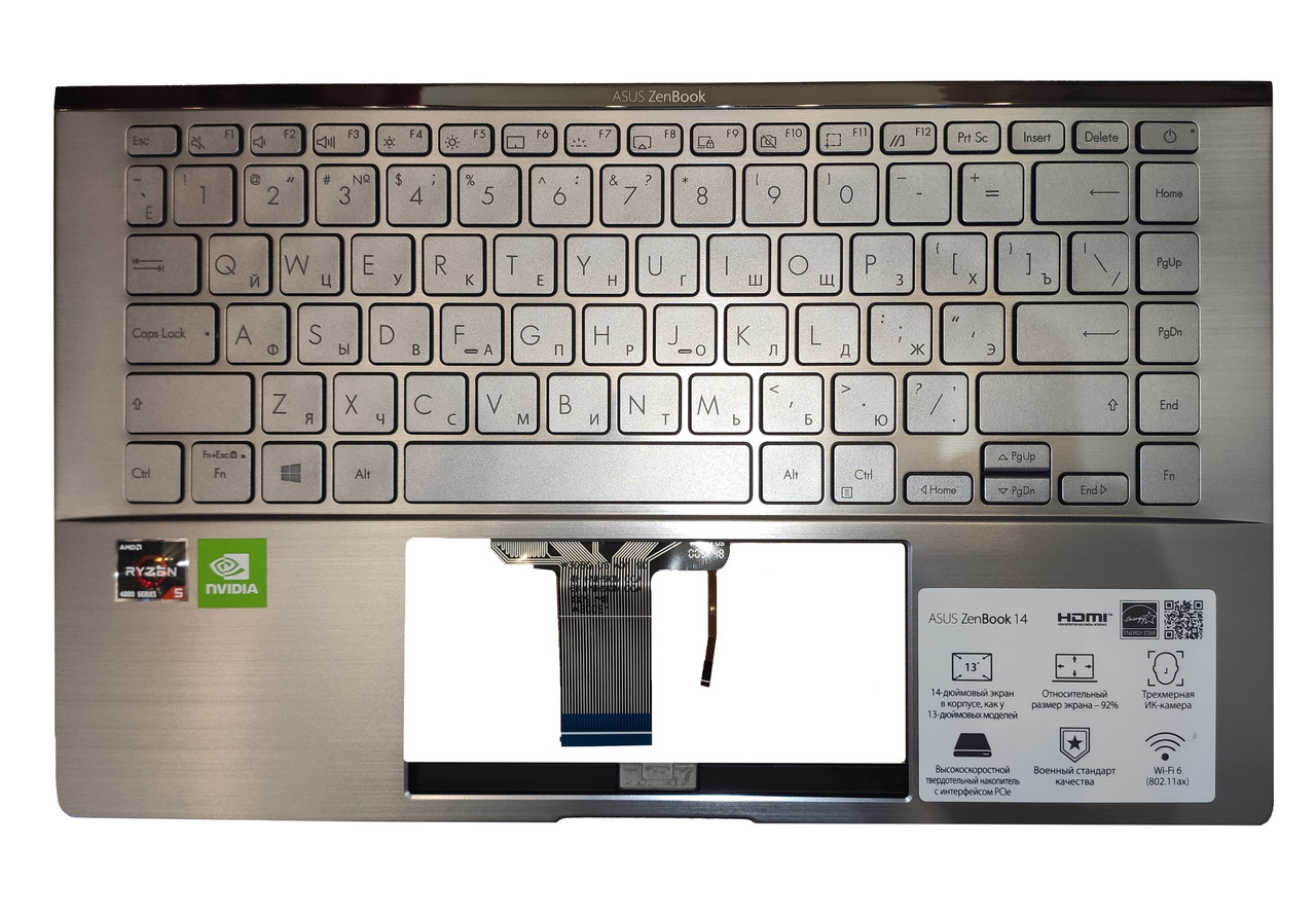 Верхняя часть корпуса (Palmrest) Asus ZenBook UX434 с клавиатурой, с подсветкой, серый