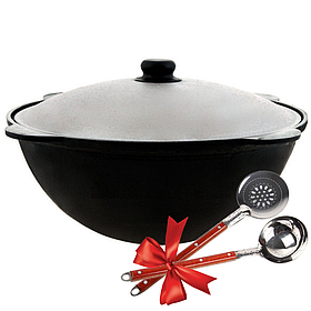 Узбекский казан чугунный 22л (12-16 персон) с крышкой (плоское дно). Наманган