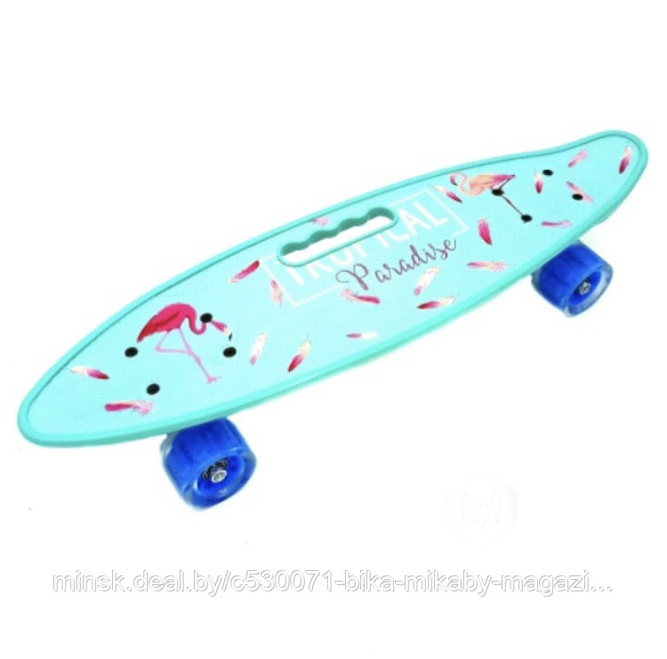 Скейт скейтборд Пенни борд Penny board с принтом, светящимися колёсами и ручкой Фламинго - фото 2 - id-p179449469