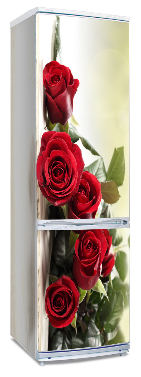 Наклейка на холодильник  с изображением красной розы, букета роз на светлом фоне