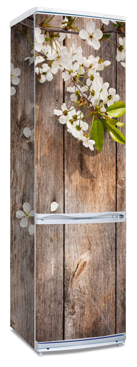 Наклейки  на холодильник "Цветущая вишня на фоне текстуры древесины"