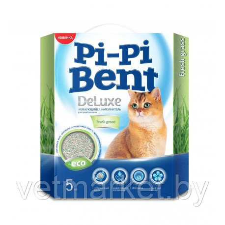 Наполнитель для кошачьего туалета "Pi-Pi-Bent", Deluxe Fresh Grass, бентонит, 5 кг