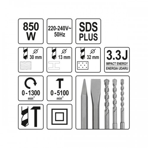 Перфоратор SDS PLUS 850W, 3.3J "Yato" YT-82122 - фото 2 - id-p179604283