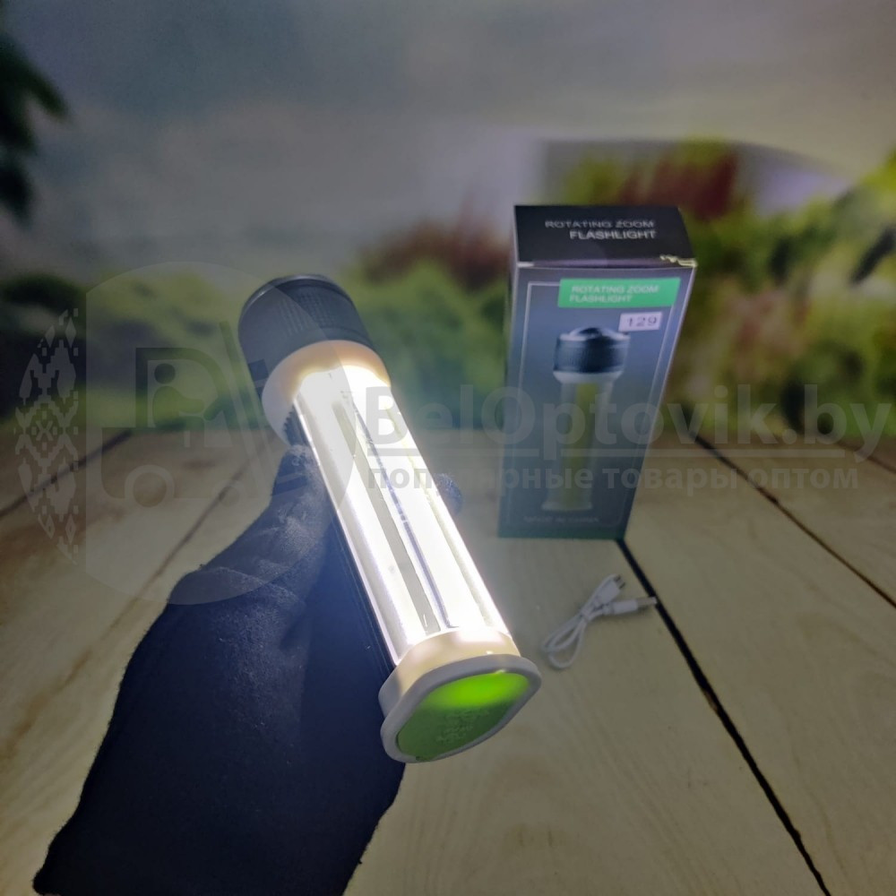 Ручной аккумуляторный фонарь Rotating Zoom Flashlight 129 LED боковая световая СОВ панель функционал Power - фото 4 - id-p179624282